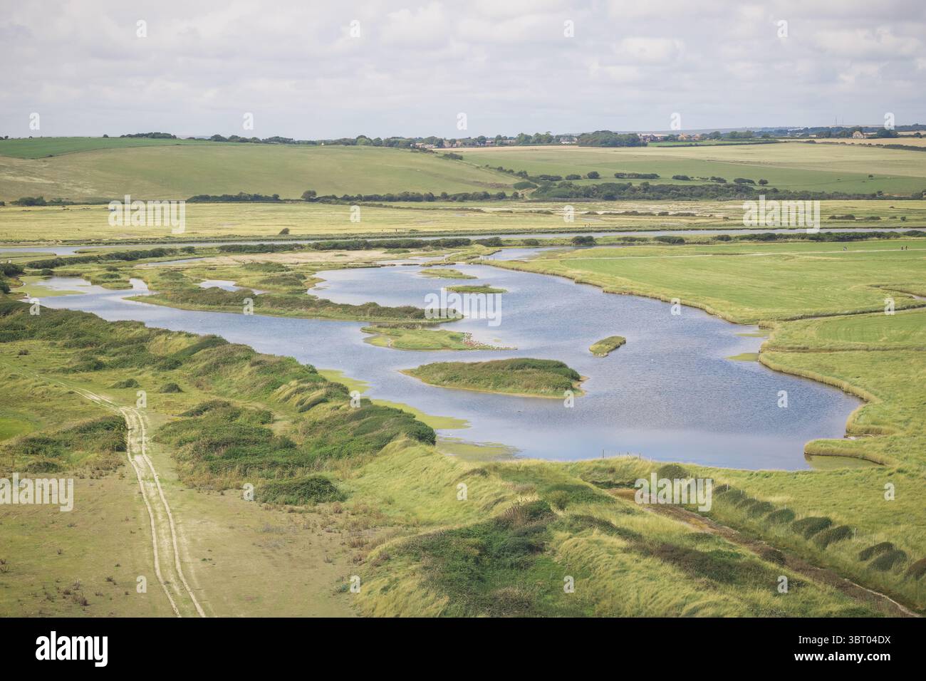 Cuckmere Haven, an area of flood plains in Sussex, England where the river Cuckmere meets the English Channel Stock Photo