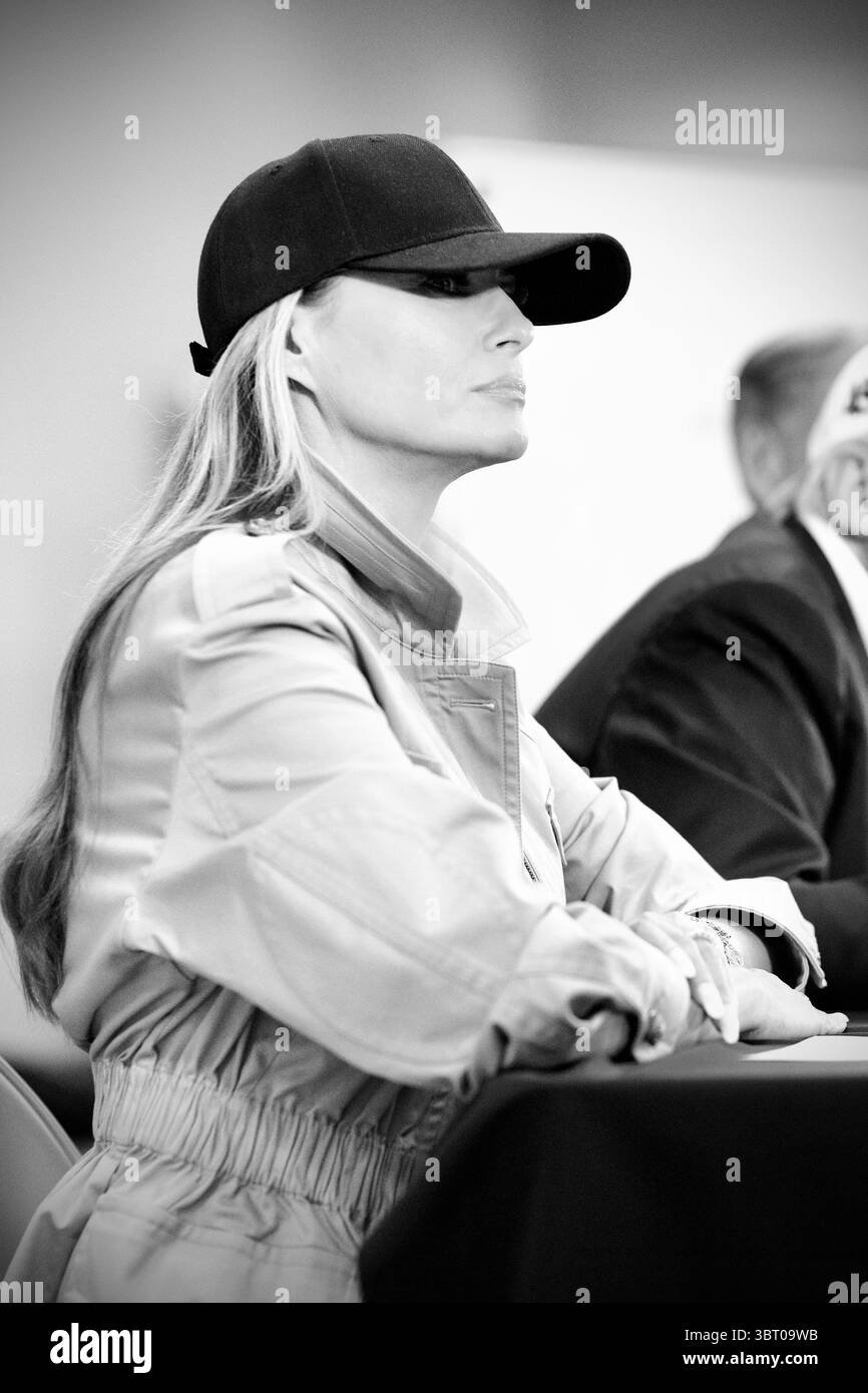 President Donald Trump and First Lady Melania Trump attend a community stakeholders roundtable at the Disaster District Emergency Operations Center in Kerrville, Texas to discuss impact and recovery efforts from recent flooding, Friday, July 11, 2025. (Official White House Photo by Daniel Torok) Stock Photo