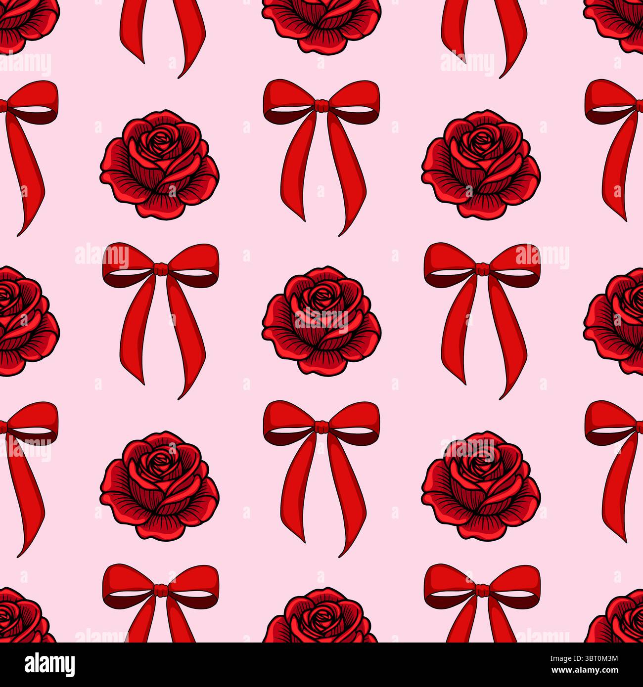 A seamless vector pattern featuring red roses and red bows on a light pink background. The design is vibrant and romantic, suitable for various decora Stock Vector