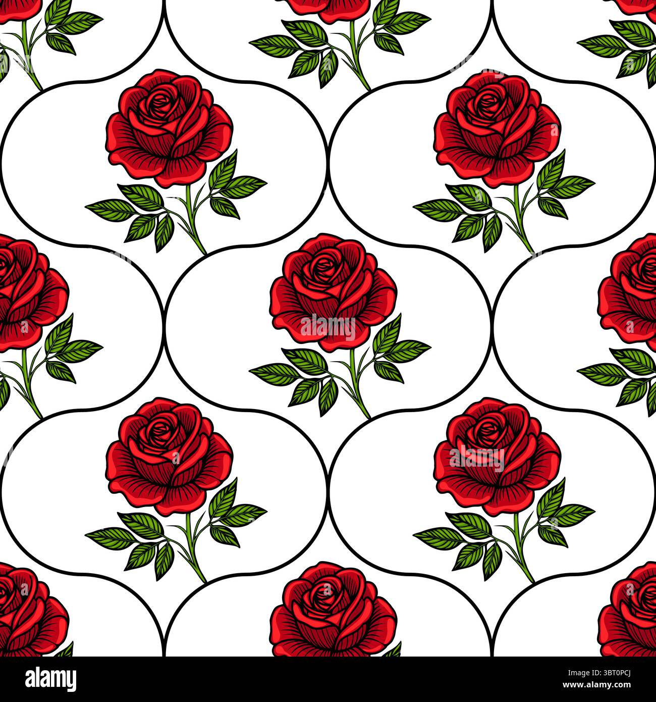 A seamless vector pattern featuring red roses with green leaves on a ...