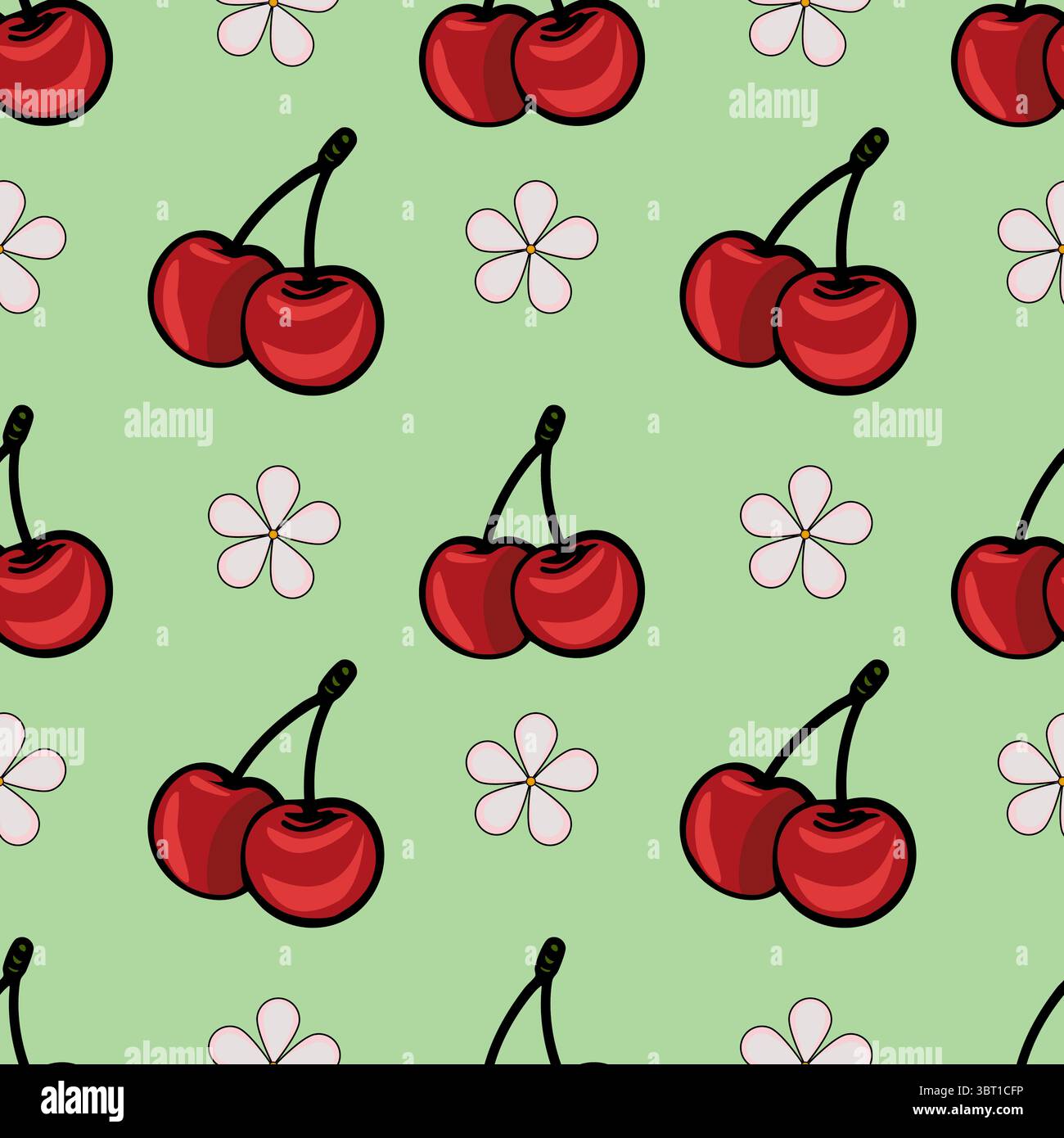 A repeating vector pattern featuring red cherries and light pink flowers on a soft green background. Stock Vector