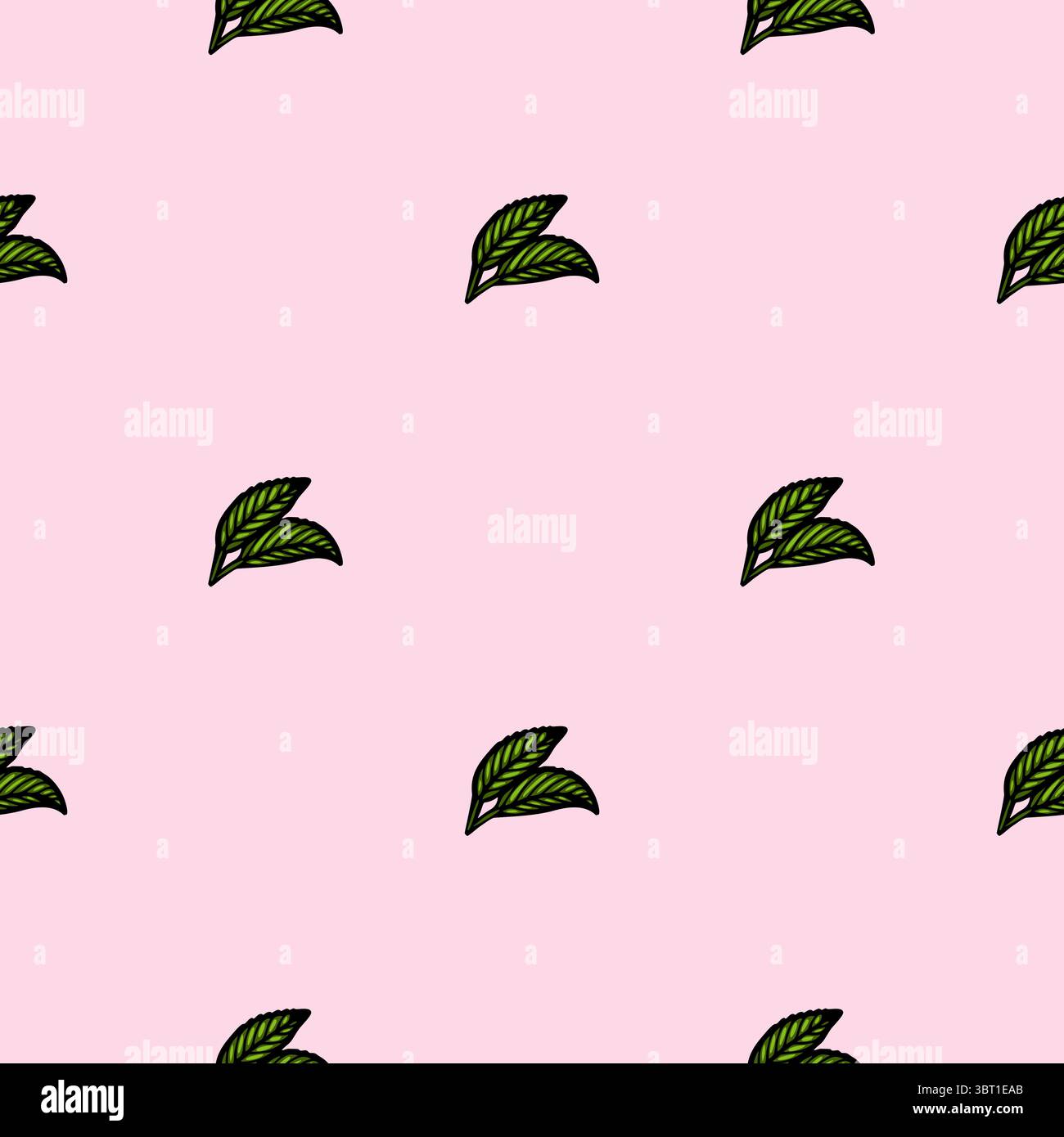 A seamless vector pattern featuring small green leaves on a soft pink background. The leaves are illustrated with a simple, hand-drawn style, creating Stock Vector