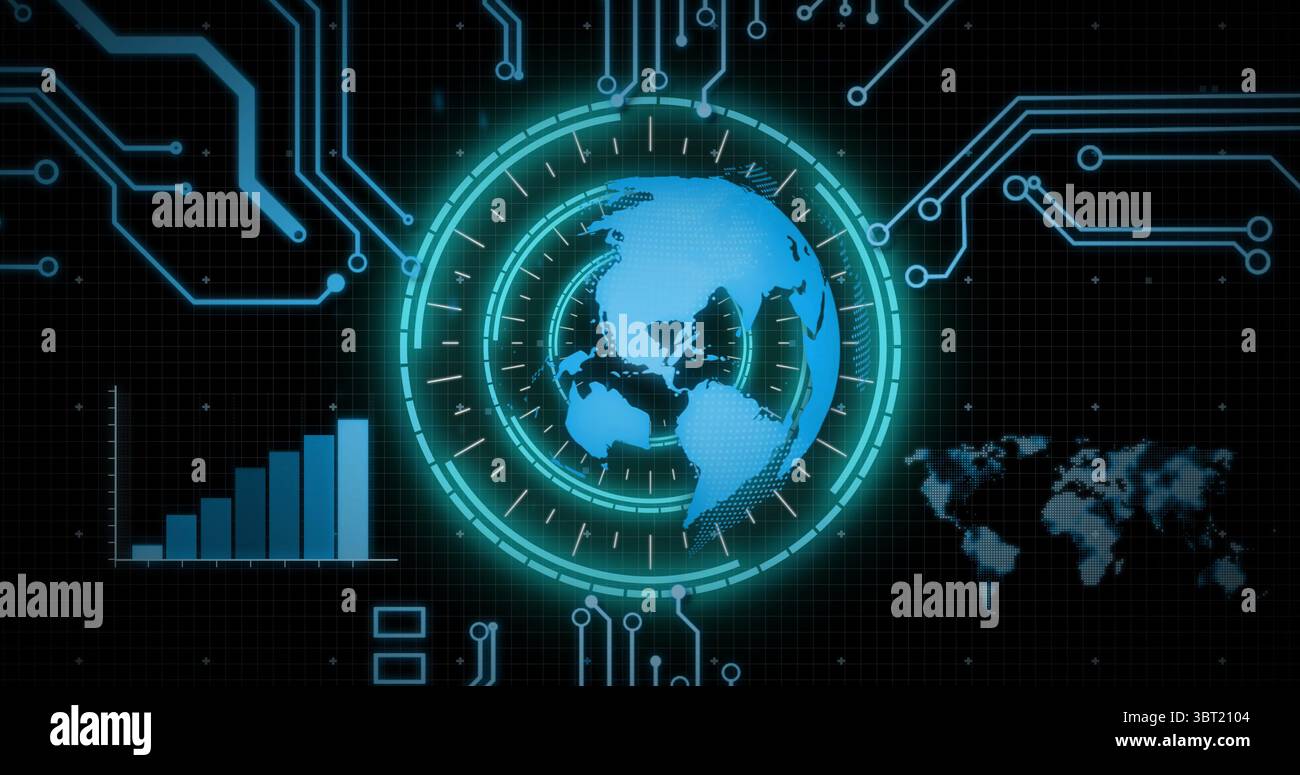 Displaying digital globe scanning in grid interface with bar chart, world map, blue circuit traces Stock Photo