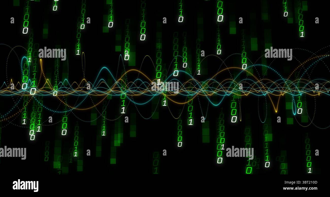 Weaving multicolored waveform lines across dark digital field, with glowing binary digits Stock Photo