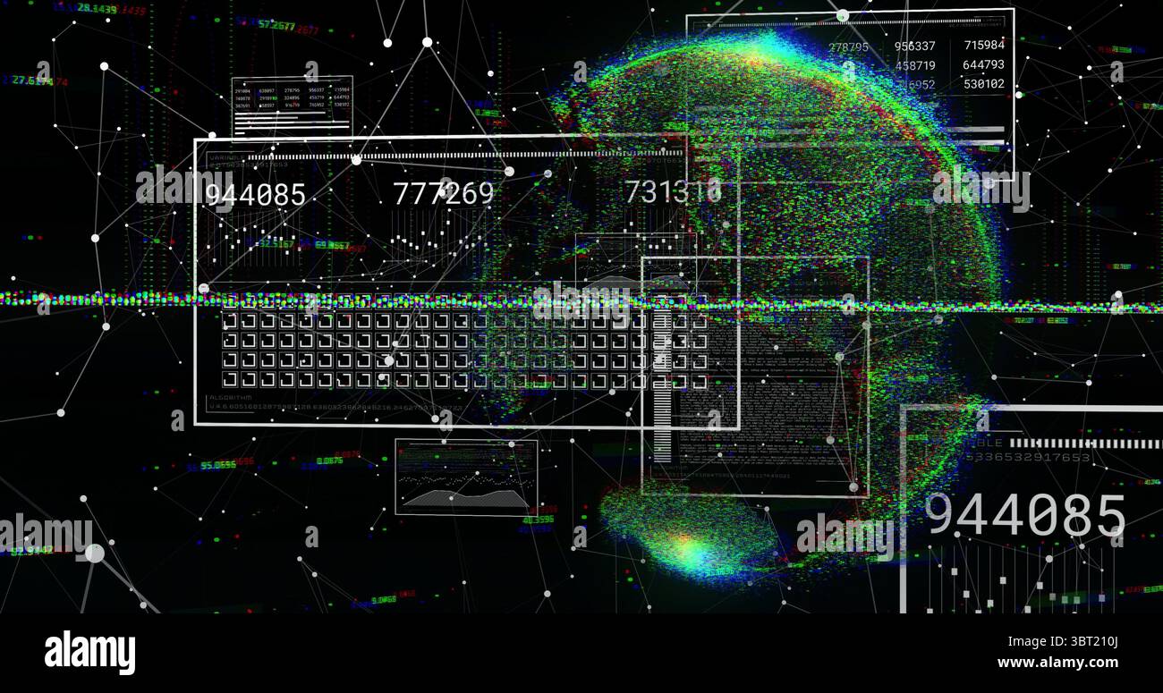 Displaying interface overlay showing numeric readouts in digital network, with colorful data sphere Stock Photo
