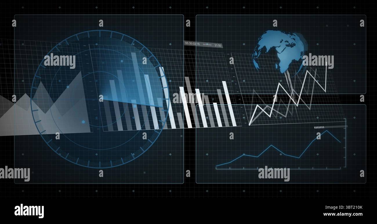 Displaying digital dashboard at abstract computer interface, with circular HUD overlay and 3D globe Stock Photo