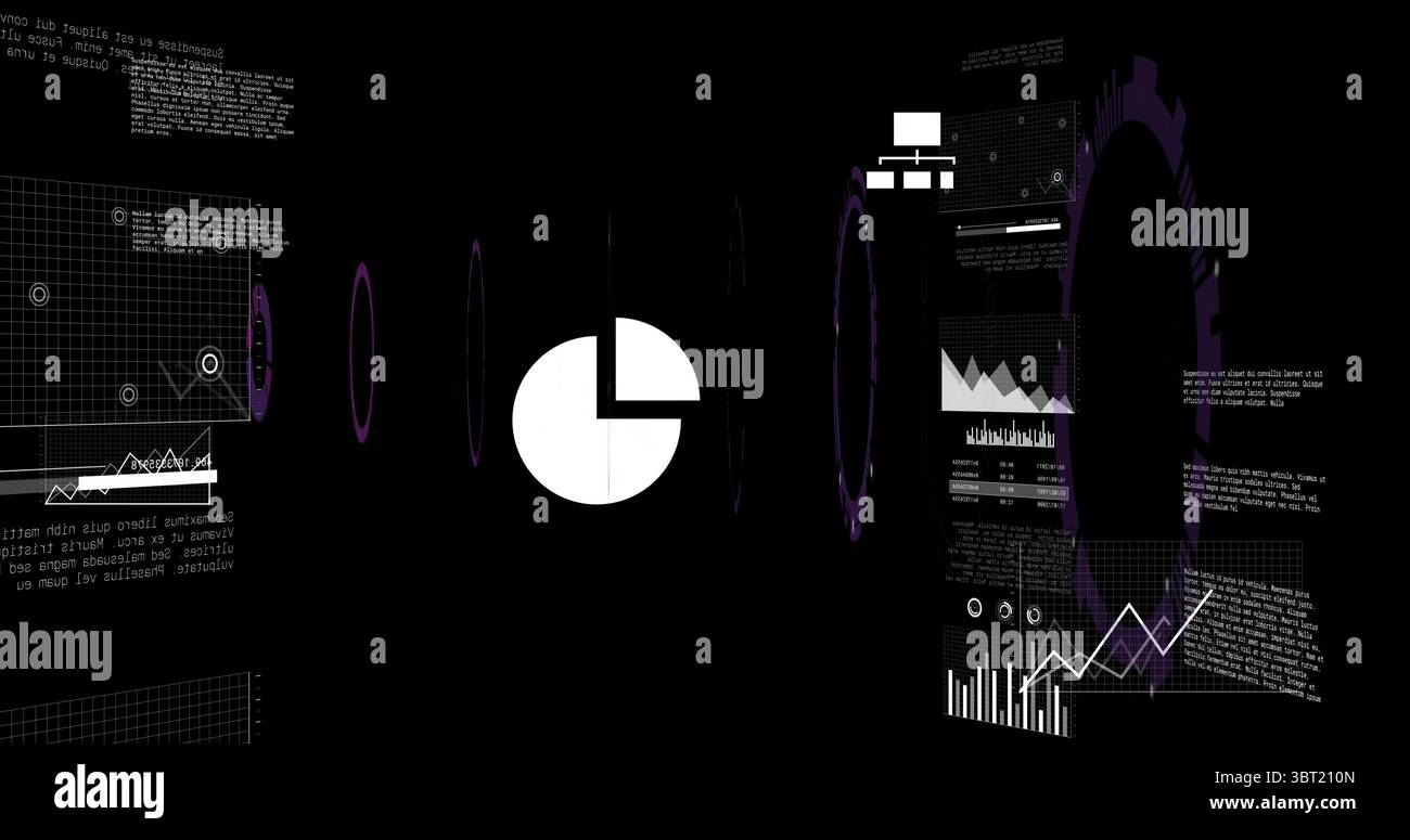 Displaying white pie chart hovering in virtual interface, with line graphs and purple gear ring Stock Photo