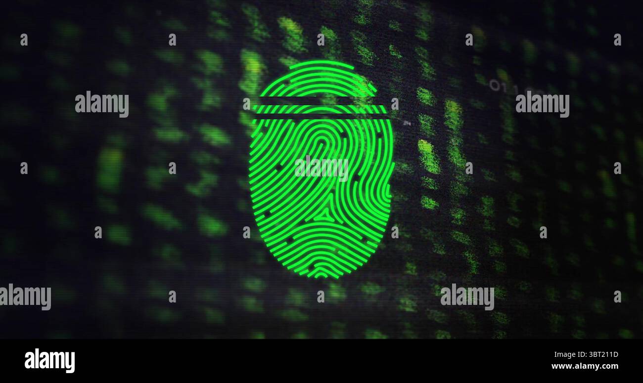 Displaying neon green fingerprint scanning on security interface, with scanning bar and binary code Stock Photo