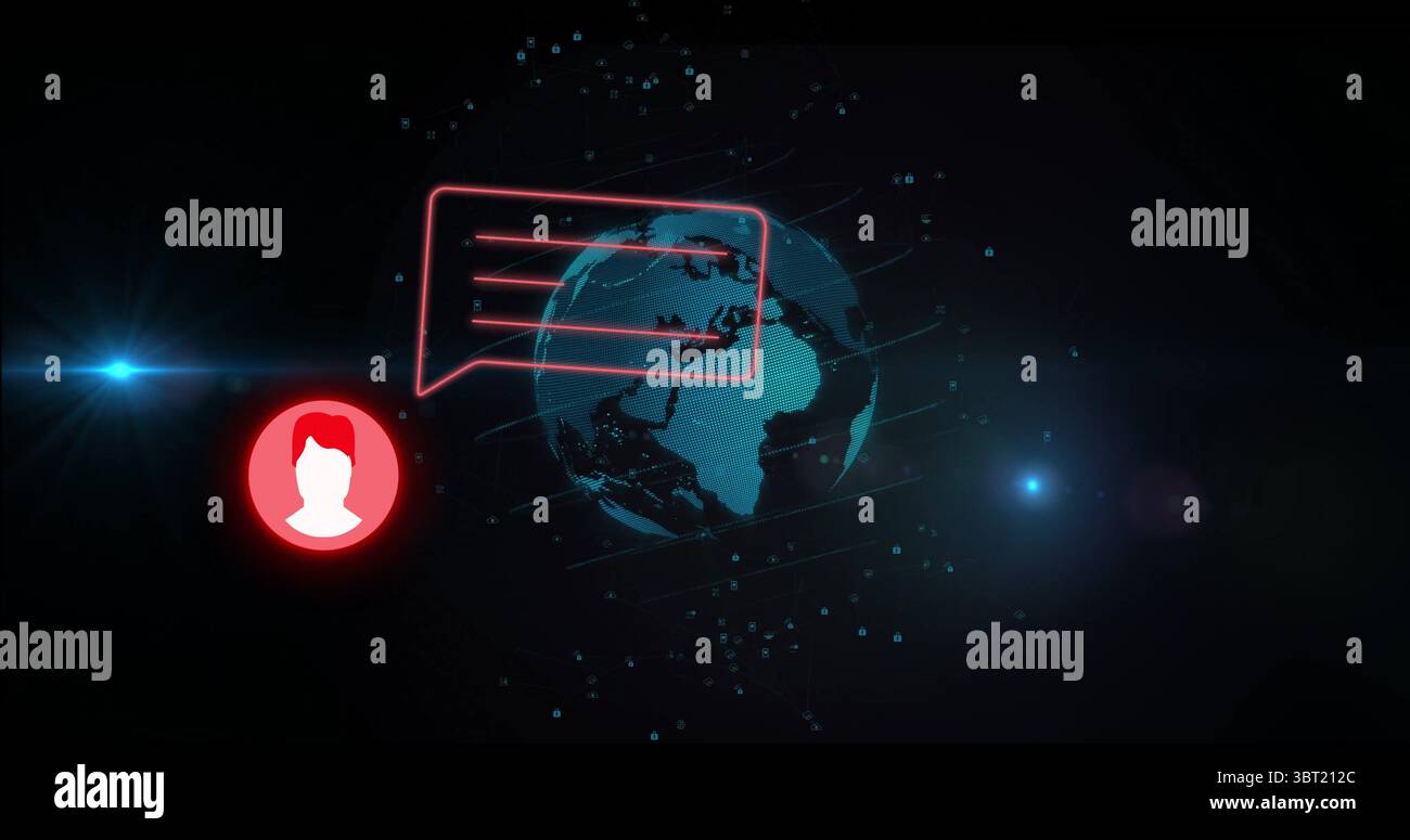 Floating 3D globe in digital network space, with red user avatar, speech bubble and binary digits Stock Photo
