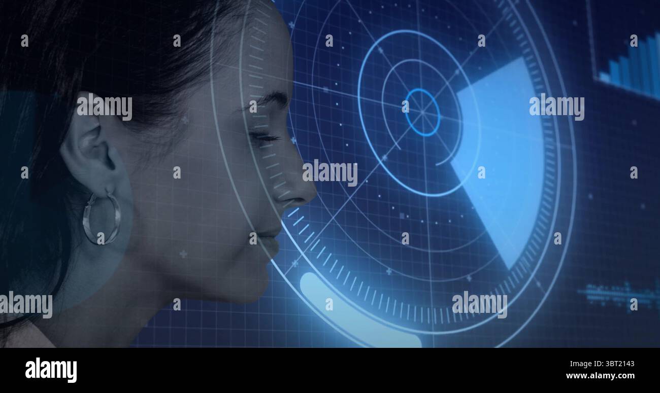 Analyzing female technician scanning holographic interface on grid panel in lab, copy space Stock Photo