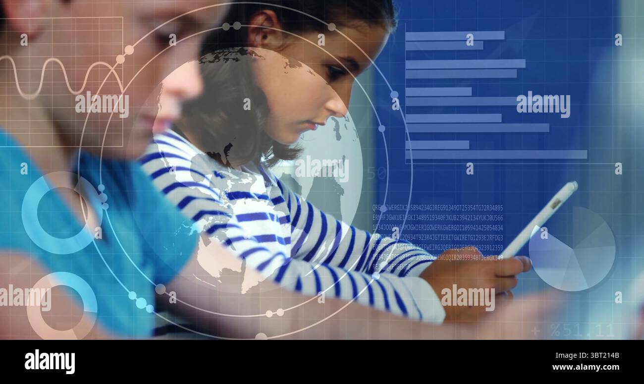 Viewing classmates in blue and striped shirts using tablets in classroom, with digital data visuals Stock Photo