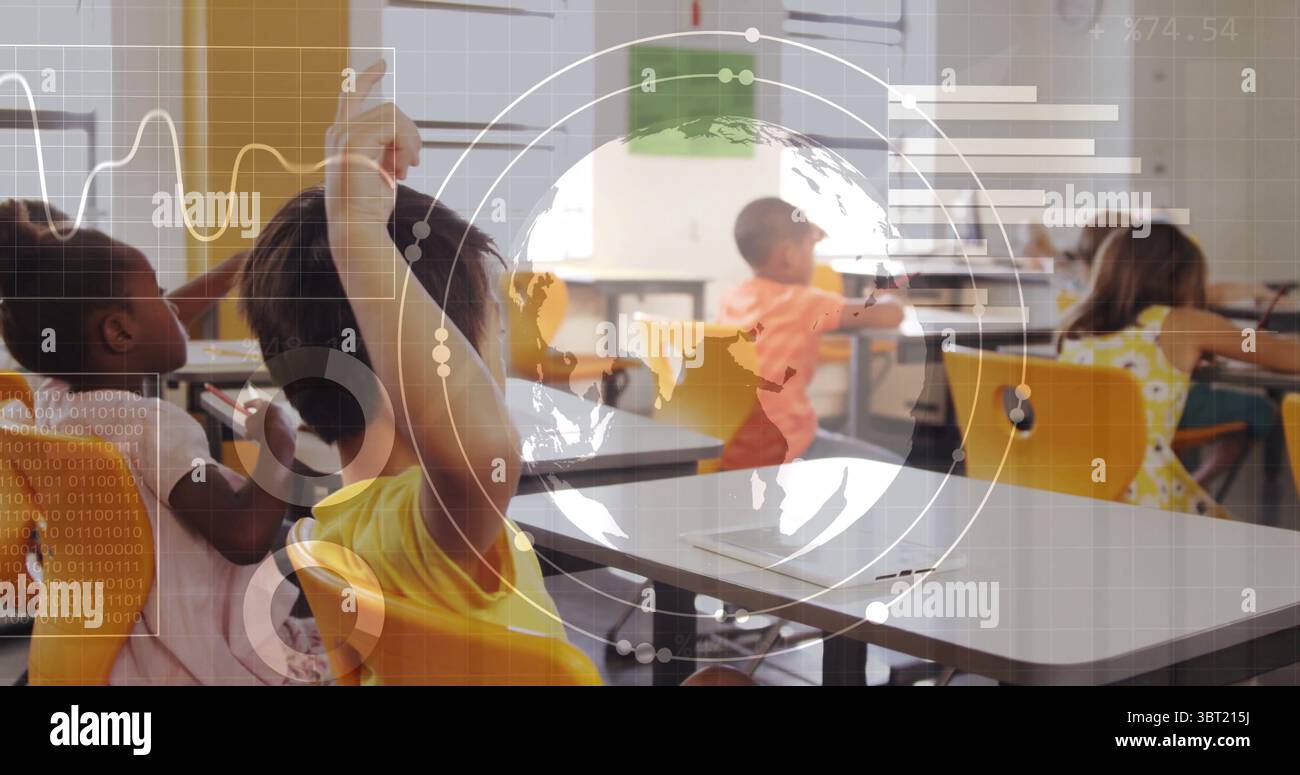 Raising hands, four students sitting at desks in classroom, with digital globe, binary code overlay Stock Photo