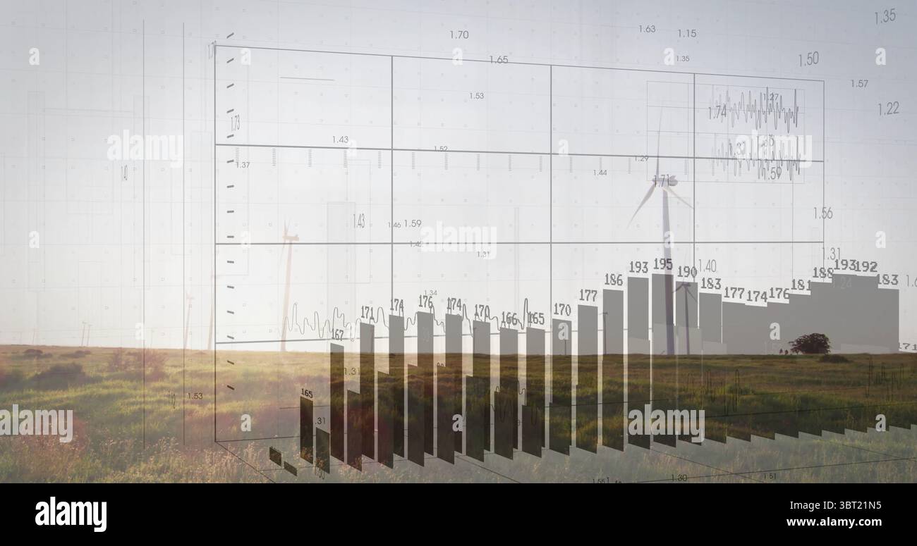 Displaying 3D bar chart with grid rising over rural grassland, with ...