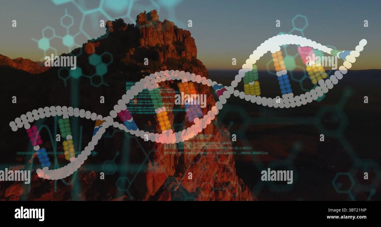 Displaying white-sphere DNA helix twisting above mesa with molecular network and code Stock Photo