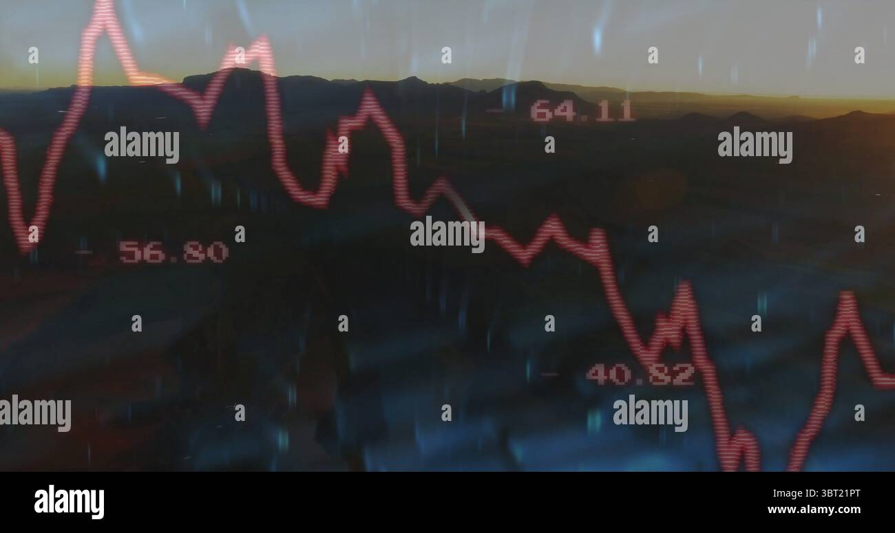 Displaying red line graph tracking numeric labels over mountain ridge ...
