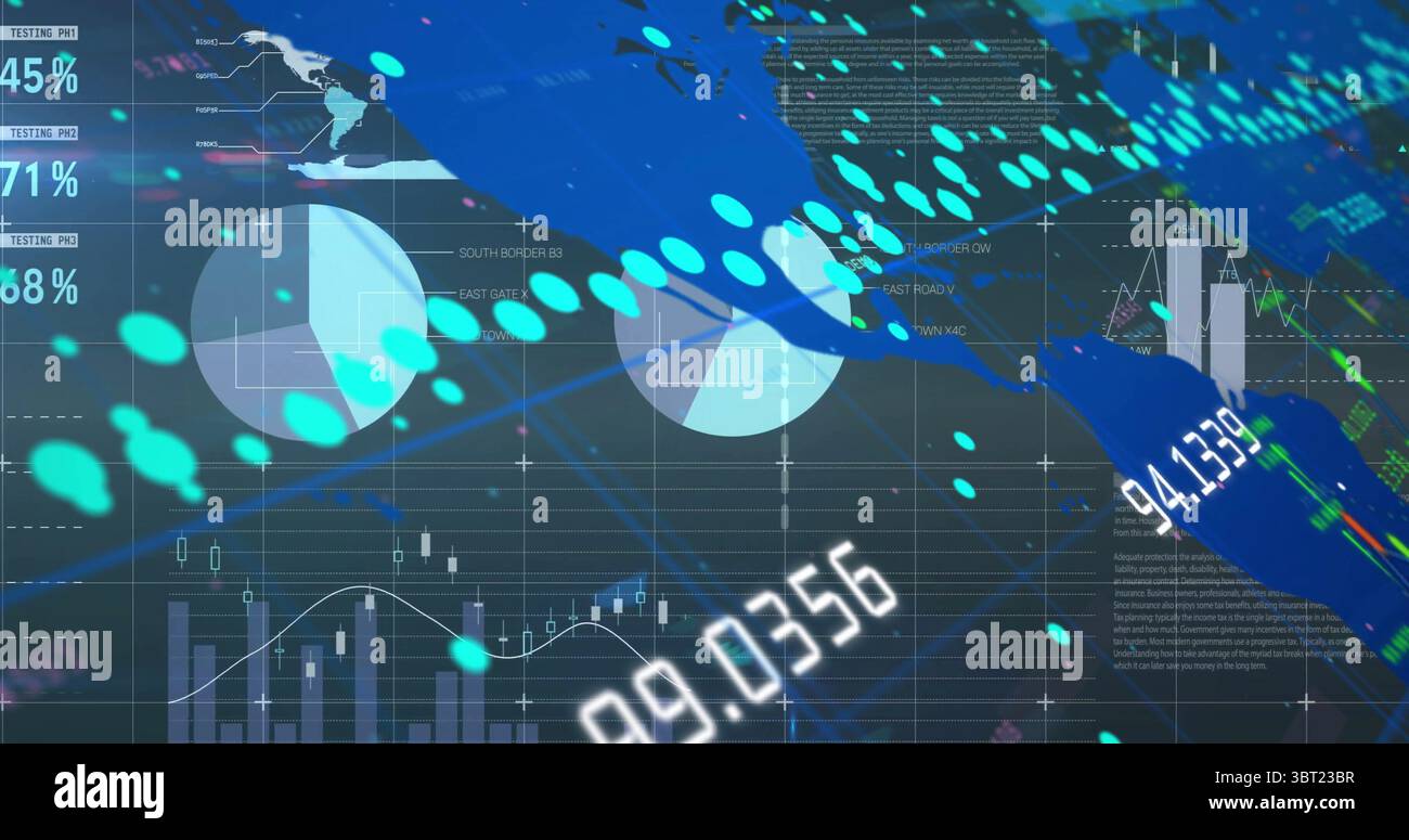 Displaying central pie chart streaming data in analytics dashboard, with world map and charts Stock Photo