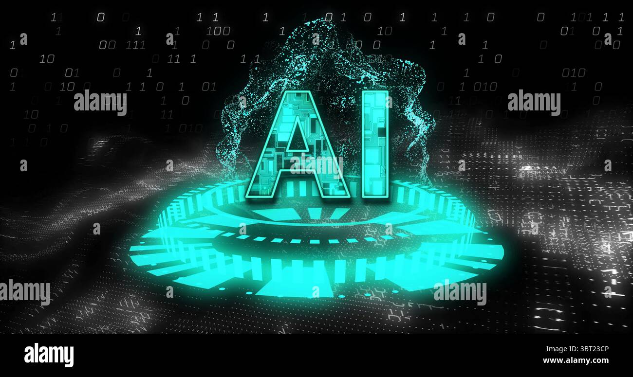 Projecting glowing AI letters hovering above platform in digital data environment, with binary code Stock Photo