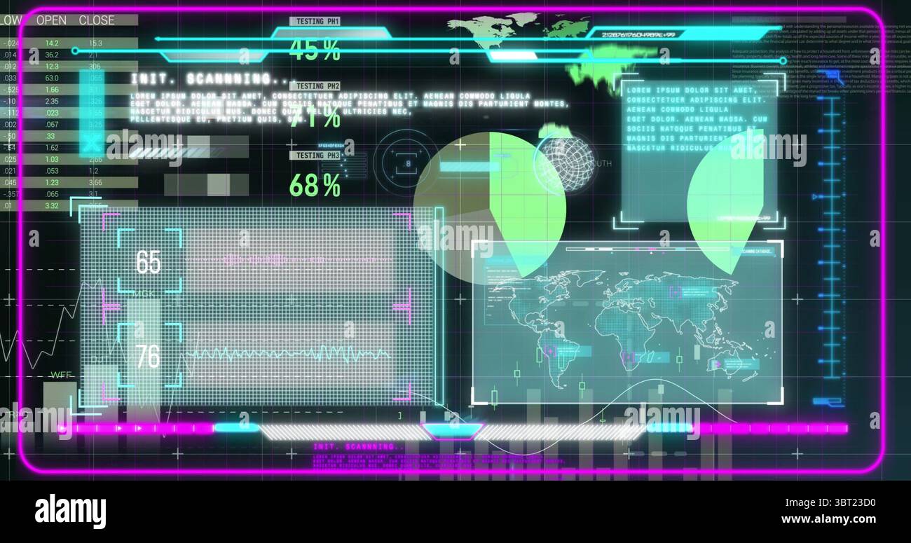 Displaying futuristic data dashboard showing neon progress bars pie ...