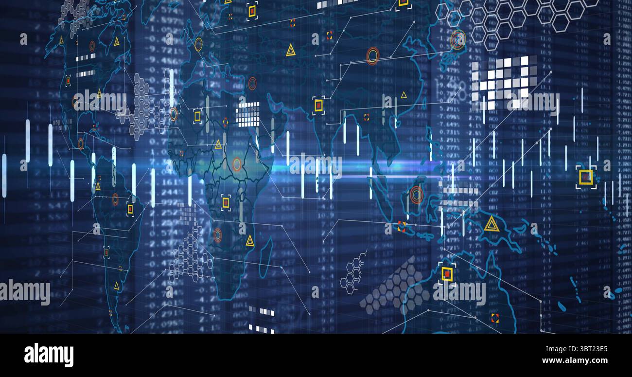 Displaying stylized digital world map in abstract data display, with hex grid and candlestick bars Stock Photo