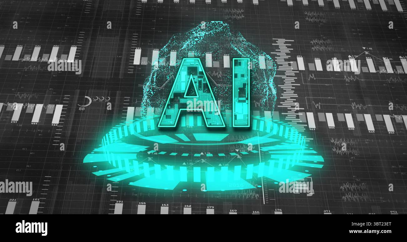 Floating glowing 3D 'AI' above platform in dashboard, showing wireframe ...
