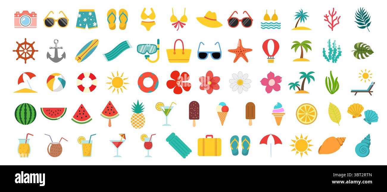 Set cute summer holiday beach elements icons. Hello summer lettering ...