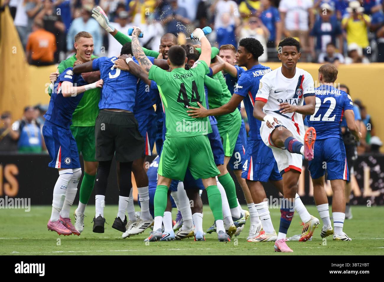 East Rutherford, USA. 13th July, 2025. Members of Chelsea FC celebrate ...