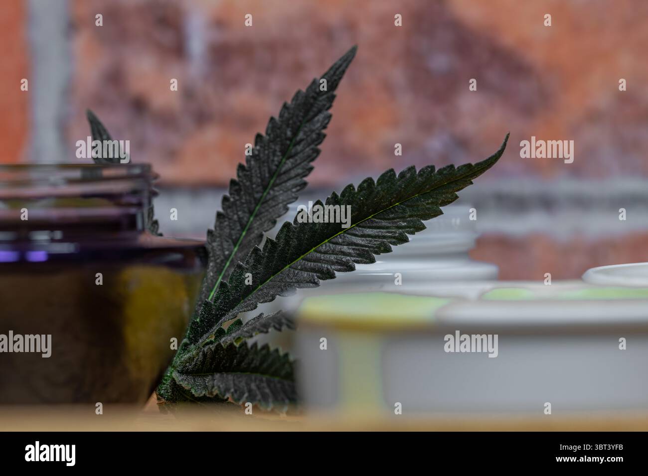 Home made marijuana medical salve with color brick wall indoor Stock Photo