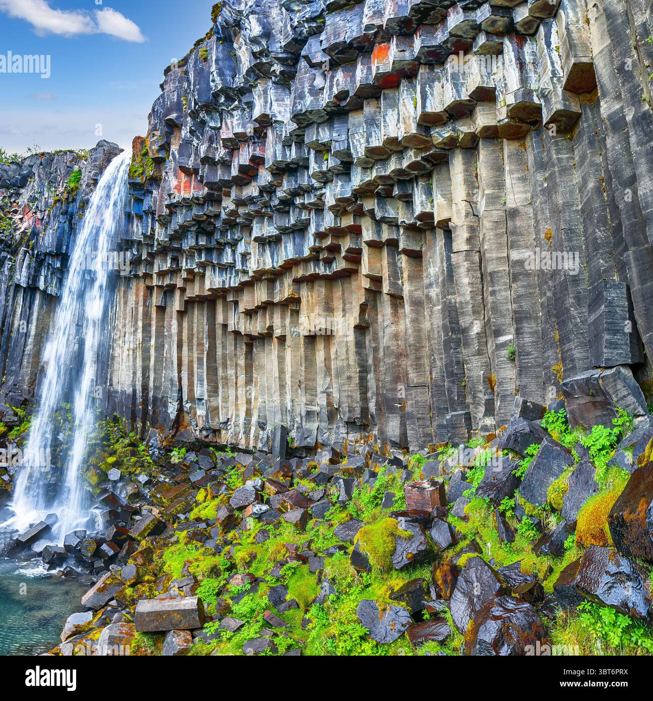 Impressive View Of Svartifoss Waterfall With Basalt Columns On Southern Impressive View Of Svartifoss Waterfall With Basalt Columns On Southern