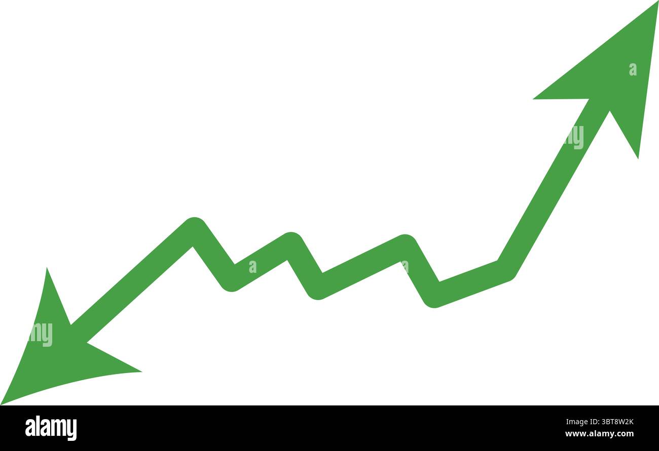 Green sharp zigzag upward arrow vector showing sales surge and business performance boost Stock Vector