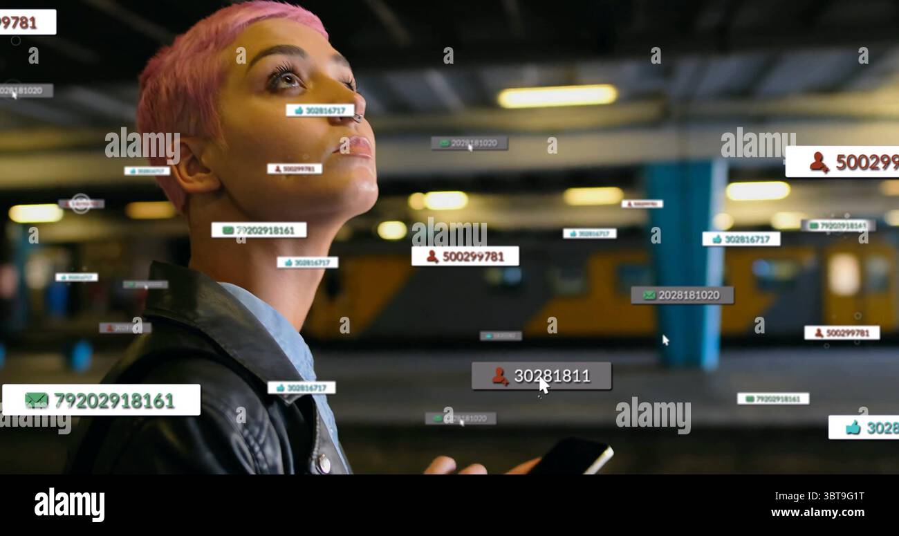 Holding smartphone, woman wearing leather jacket scanning ID overlays ...