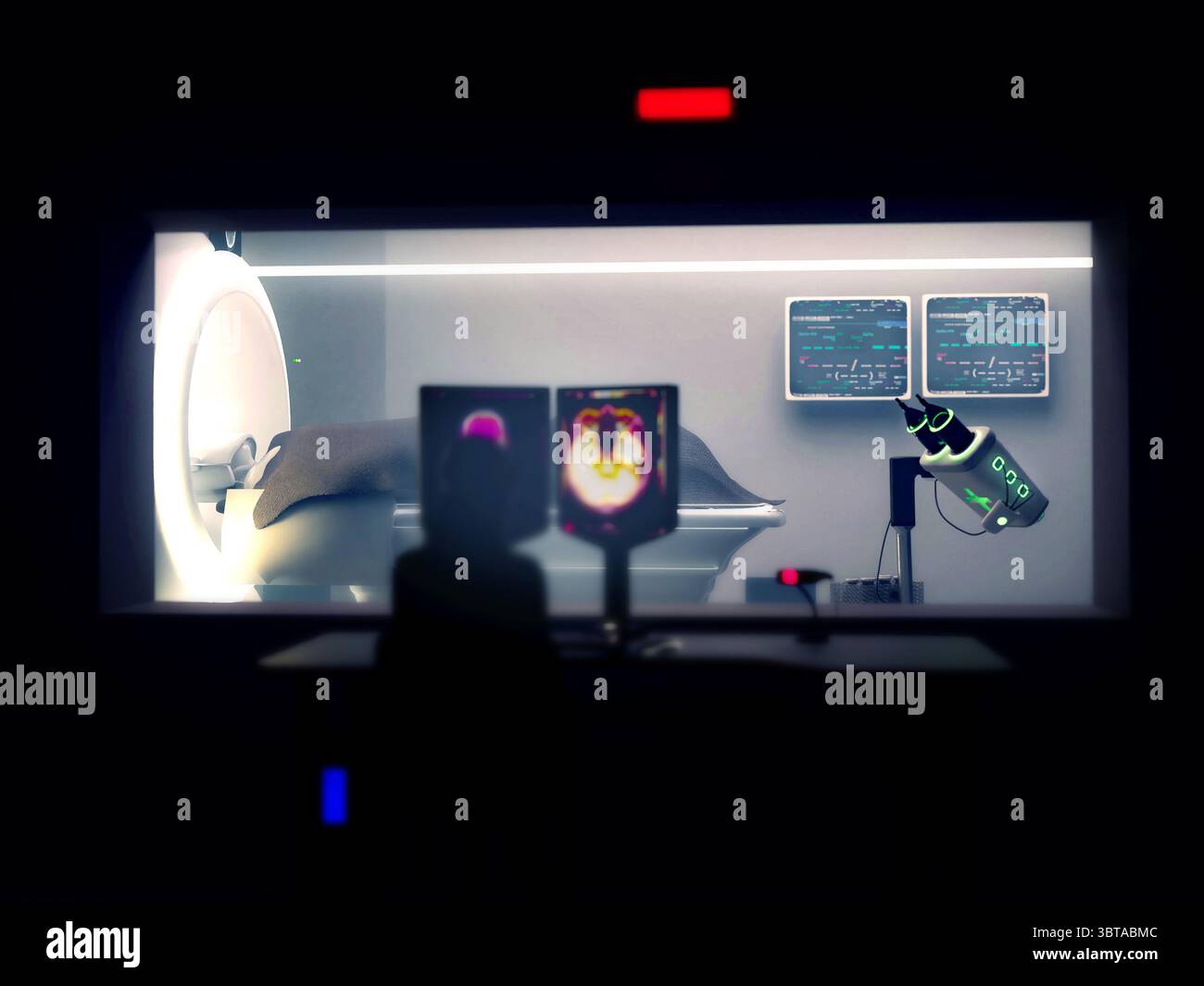 3D rendering depicts a futuristic MRI scanning room where an operator ...