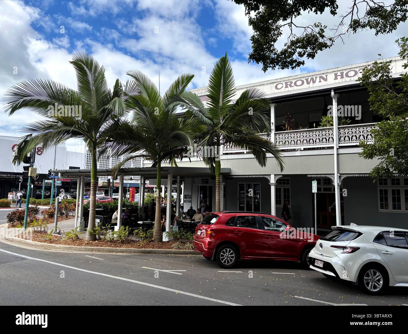 Al fresco outdoor area at the Crown Hotel, central Cairns, Queensland, Australia. No MR or PR - Smartphone Captured Stock Image