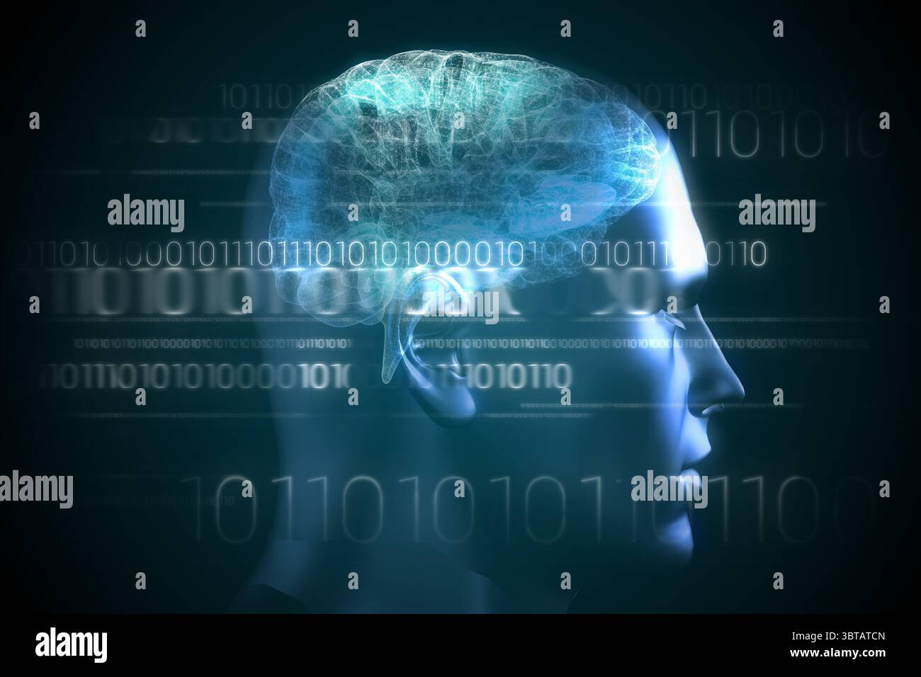 Brain interface in blue with binary code Stock Photo