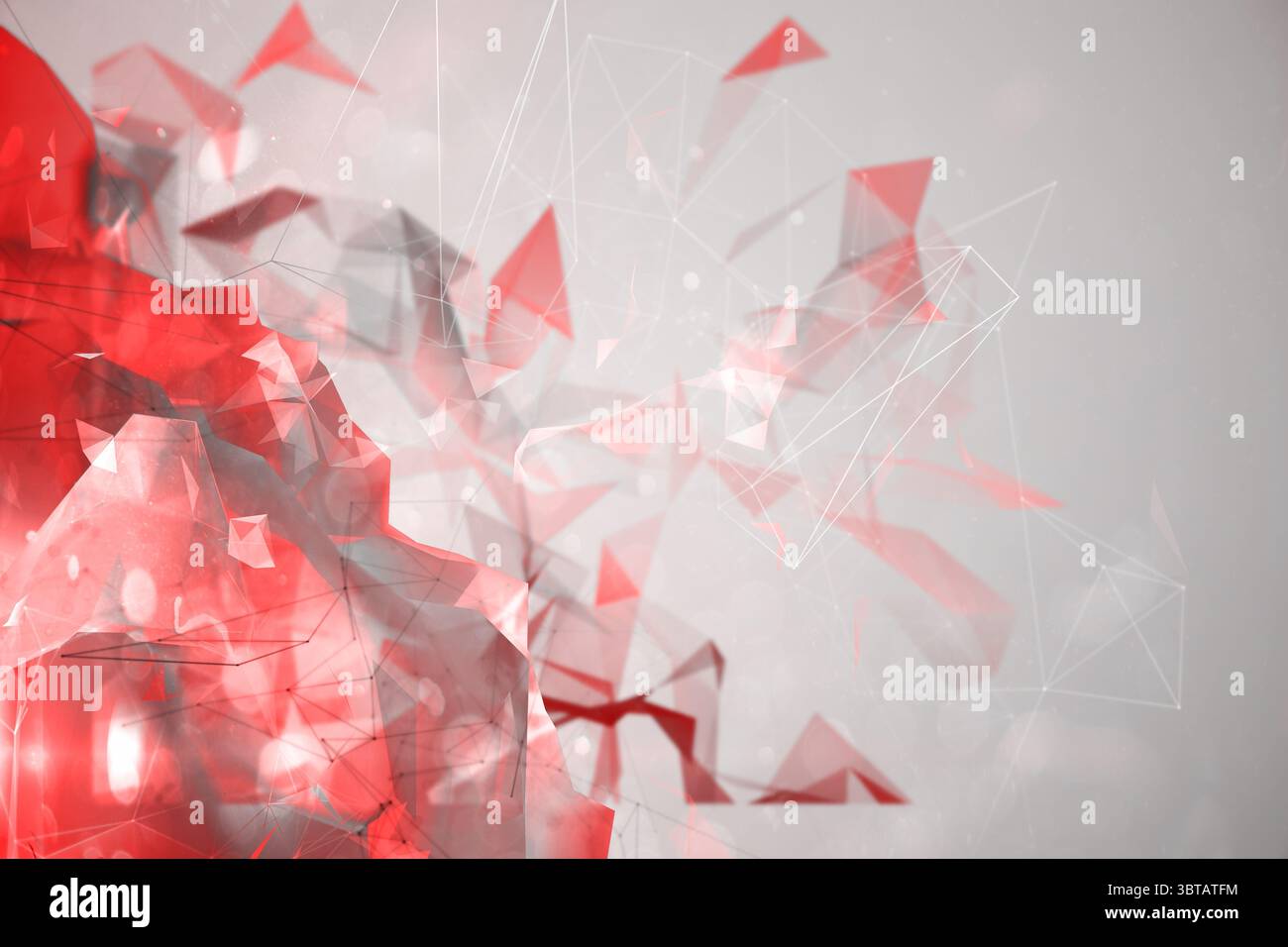 Translucent red polygonal fragments are floating in abstract 3D render, with white network lines Stock Photo