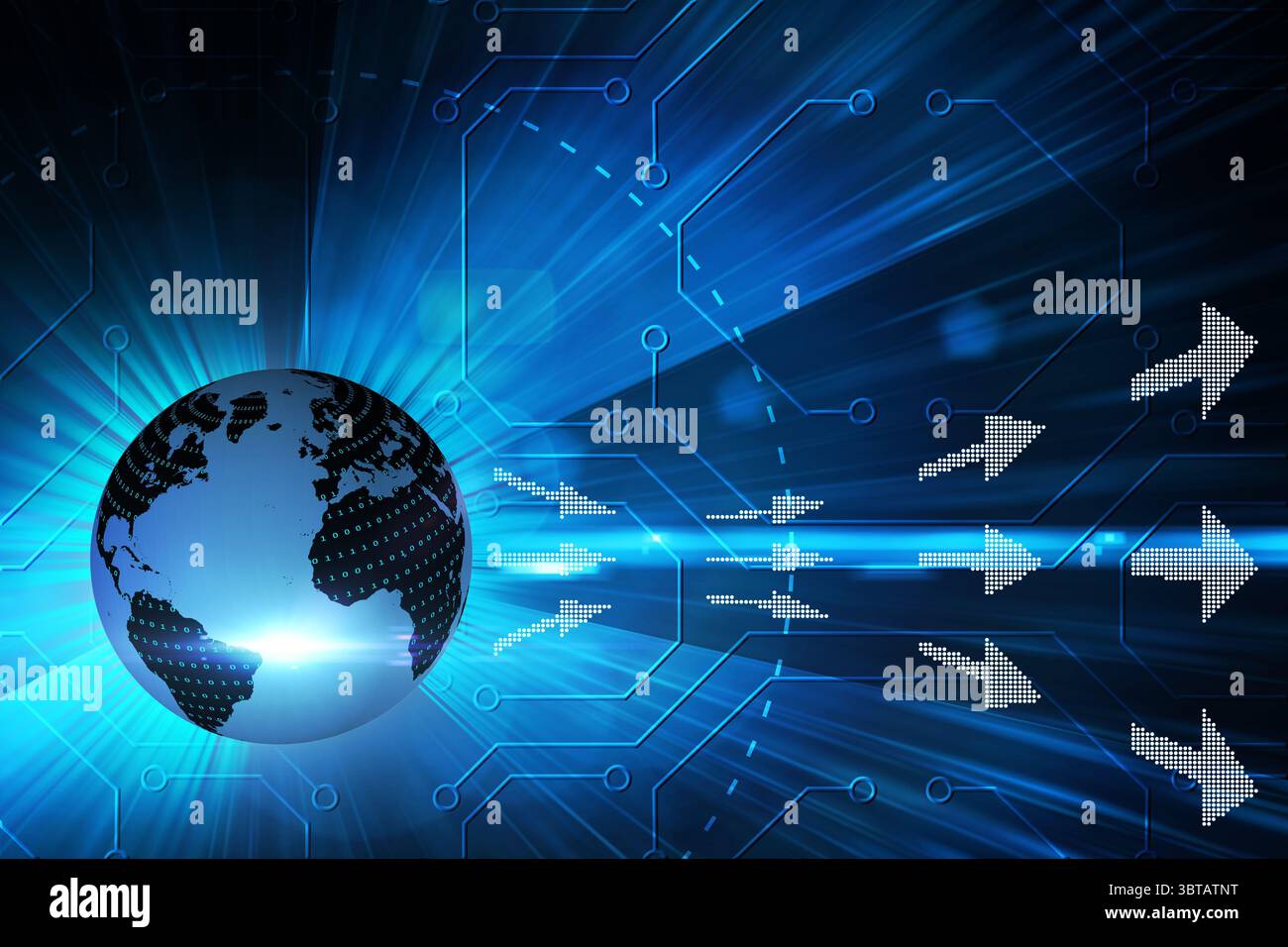 Flat design is showing translucent globe with binary code and dotted arrows over circuit grid Stock Photo