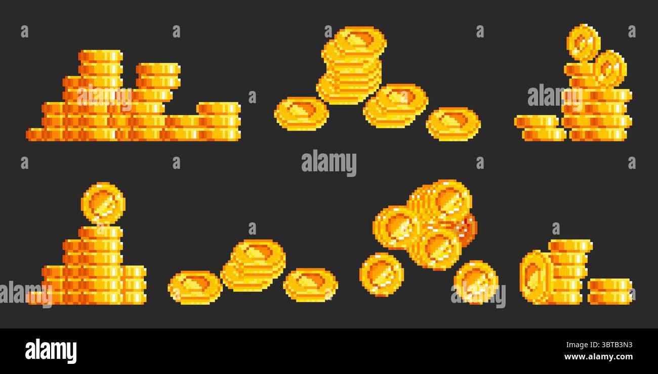 Pixel art gold coin stacks in retro 8 bit style - shiny yellow treasure ...
