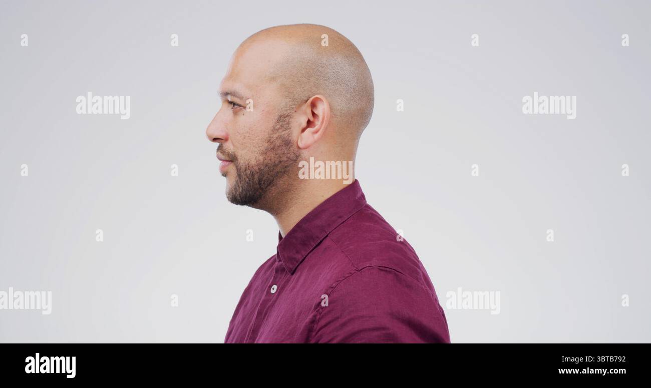 Man, profile and beard with facial hair in studio for style or salon on ...