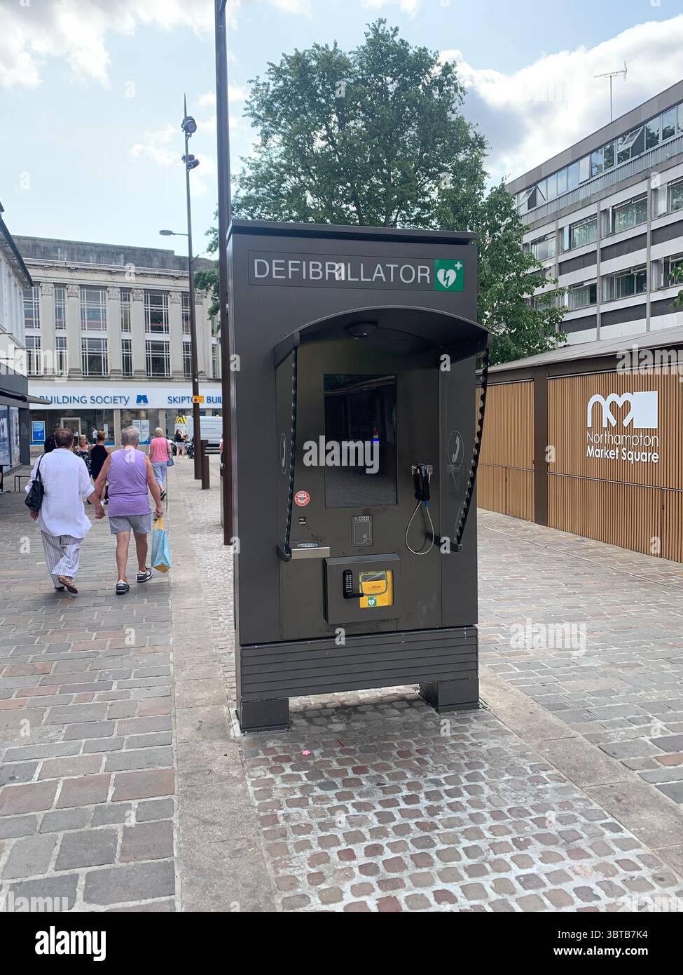 Northampton Market Square Northamptonshire England UK British famous fire of Northampton markets Boots Chemist shop plaque Great UK - Smartphone Captured Stock Image