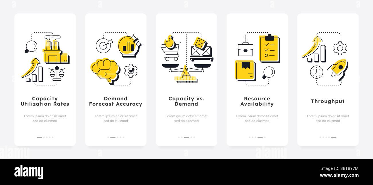 Capacity management metrics mobile app onboarding screens Stock Vector