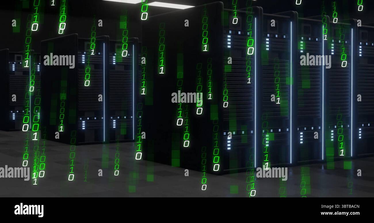 Illuminating central server racks streaming binary code in data center, with LED strips Stock Photo