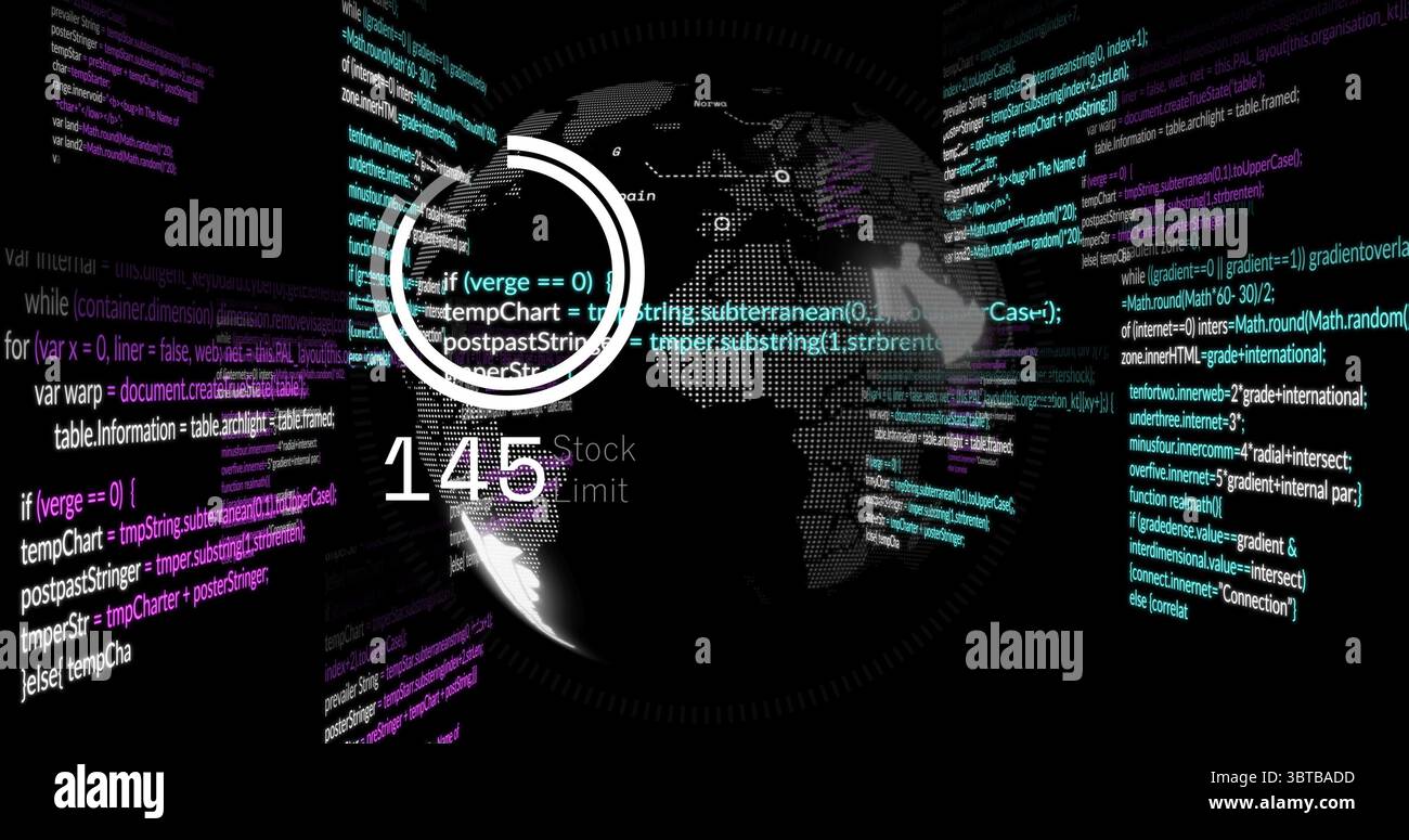 World map globe displaying teal-purple code streams in digital interface with progress ring 145 Stock Photo