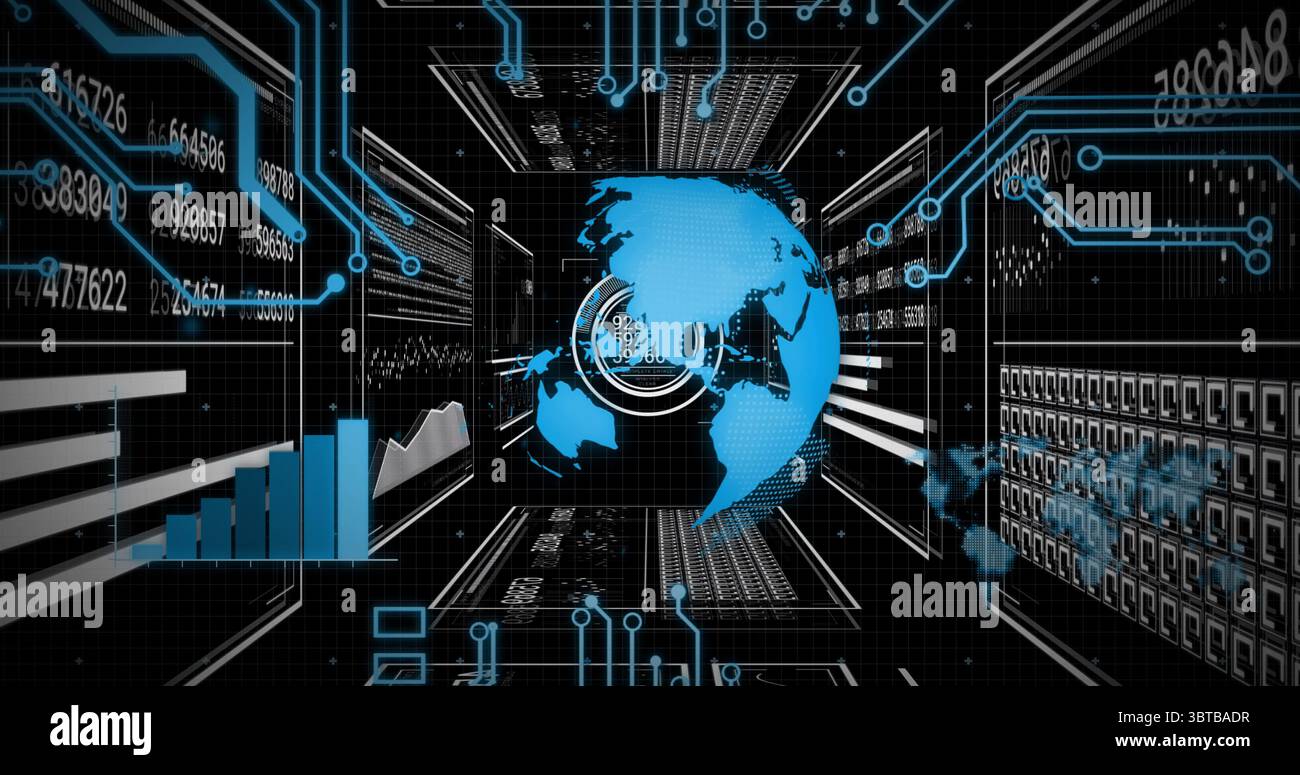 Floating blue Earth globe rotating inside data tunnel, with bar chart and circuit overlays Stock Photo