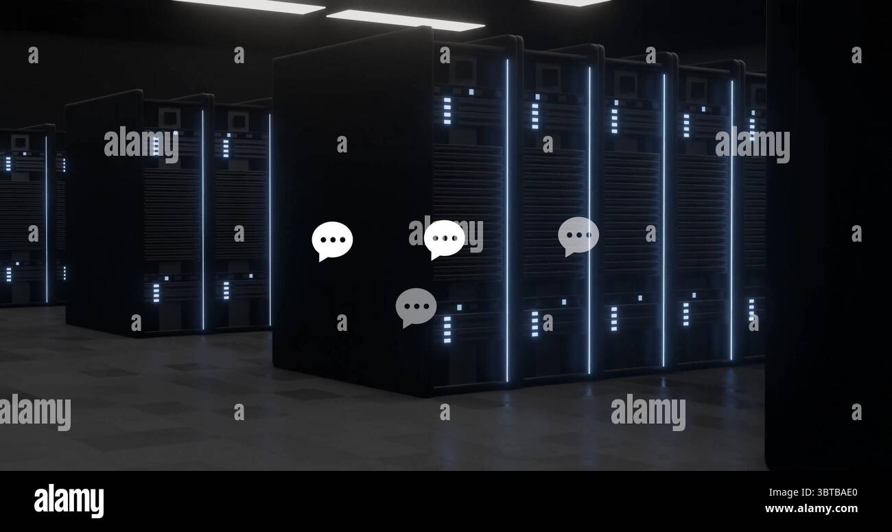 Glowing server racks illuminating data center room with blue LED ...