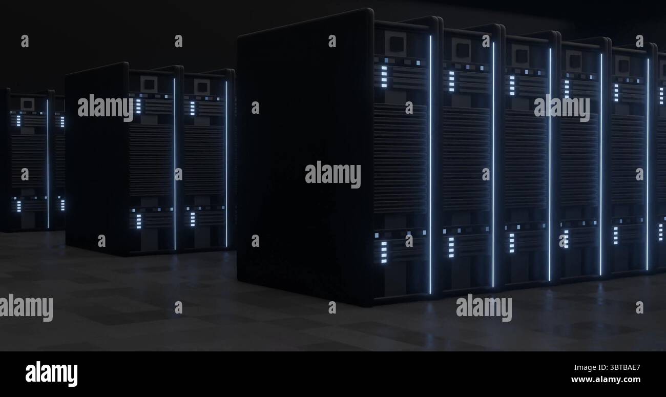 Illuminating black server rack standing left of center in server hall ...