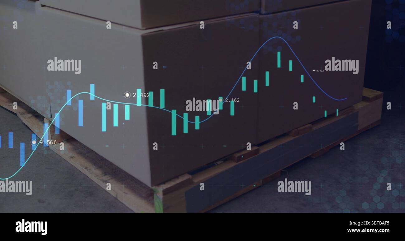 Overlaying blue line graph and green candlesticks on cardboard boxes on ...
