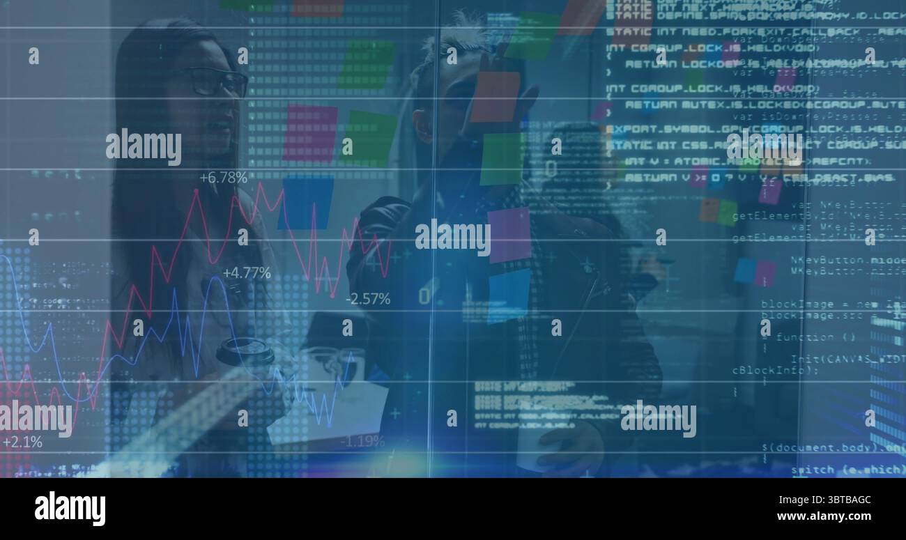 Professionals in office analyzing sticky notes, holding coffee mugs amid stock graphs code overlays Stock Photo