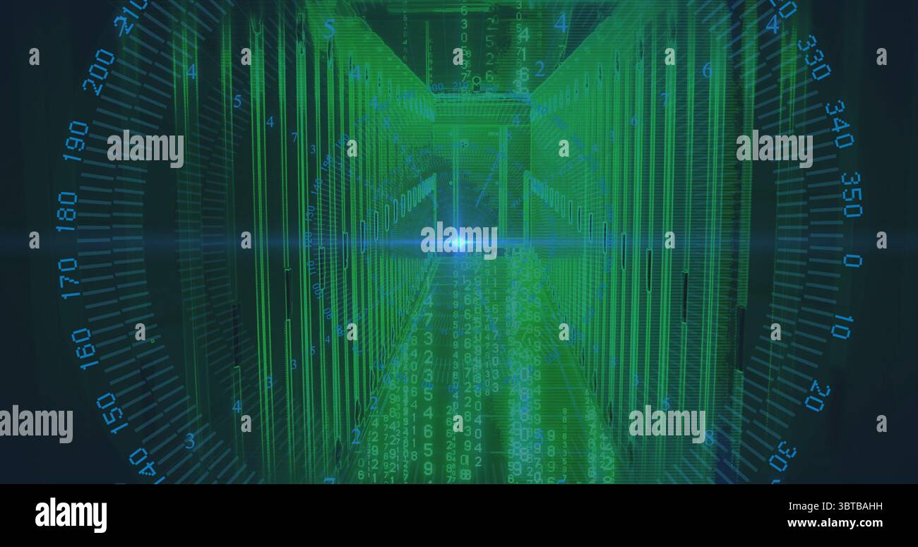 Streaming green numeric code through server corridor, with server racks, blue HUD overlay and flare Stock Photo