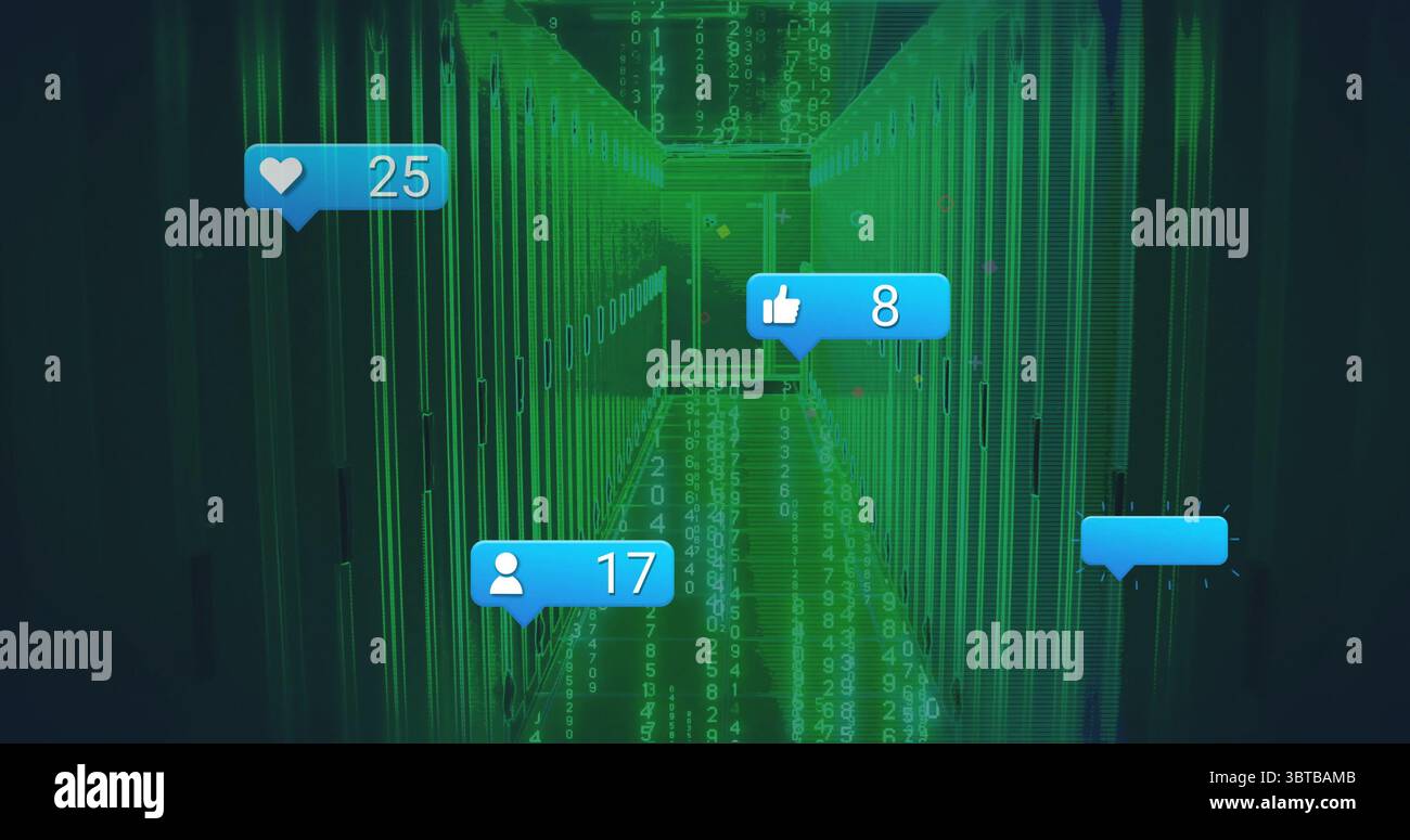 Glowing server cabinets showing green code overlay in data center corridor, with notification icons Stock Photo
