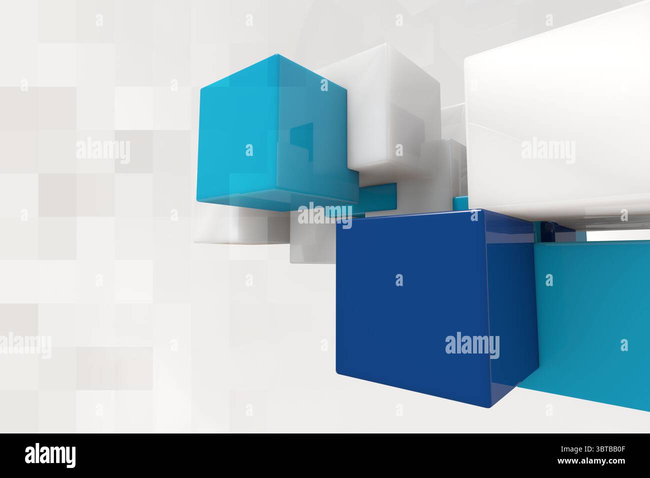Cubes are floating in 3D render with pale square grid backdrop and interlocking blue white geometry Stock Photo