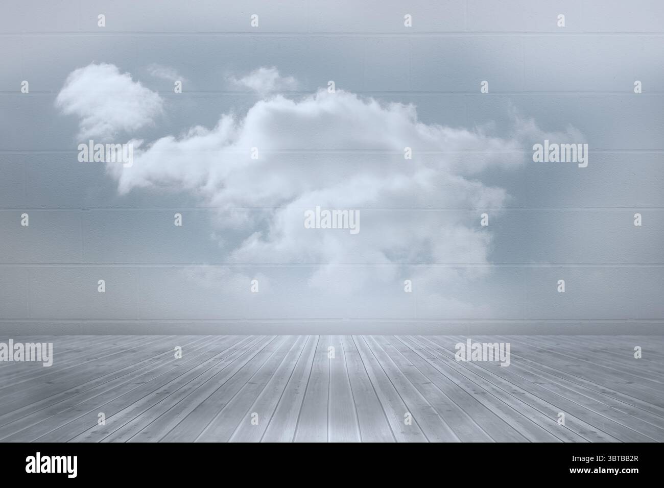 Floating fluffy cloud adding contrast to grey floor and light-grey brick wall, flat design Stock Photo